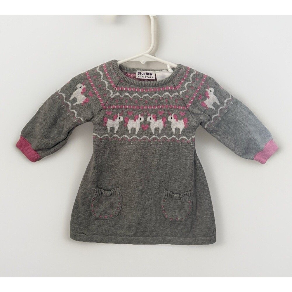 Blueberri Boulevard Dress Baby Girl 24M Gray Sweater Fair Isle Cute Unicorns